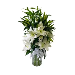 white lilies in a glass vase