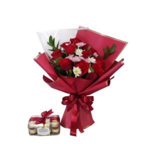 roses bouquet and ferrero rocher chocolate