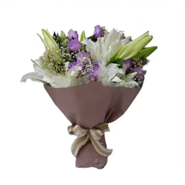 purple roses and white lilies bouquet