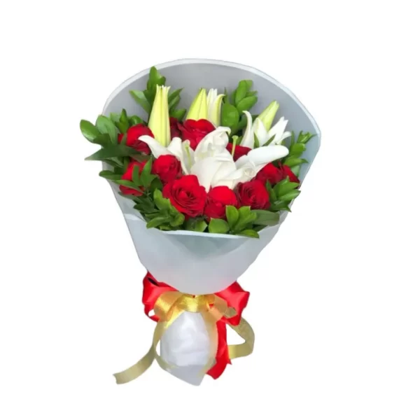 red roses and white lilies bouquet