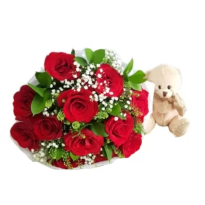 red roses bouquet and teddy bear