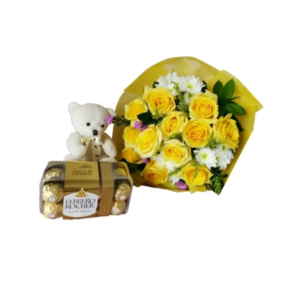 yellow roses bouquet, teddy bear, ferrero rocher chocolate