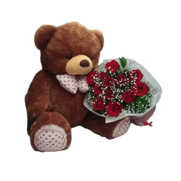 giant teddy bear and red roses bouquet