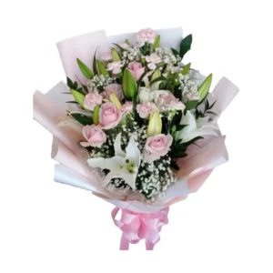 pink roses and white lilies boquet