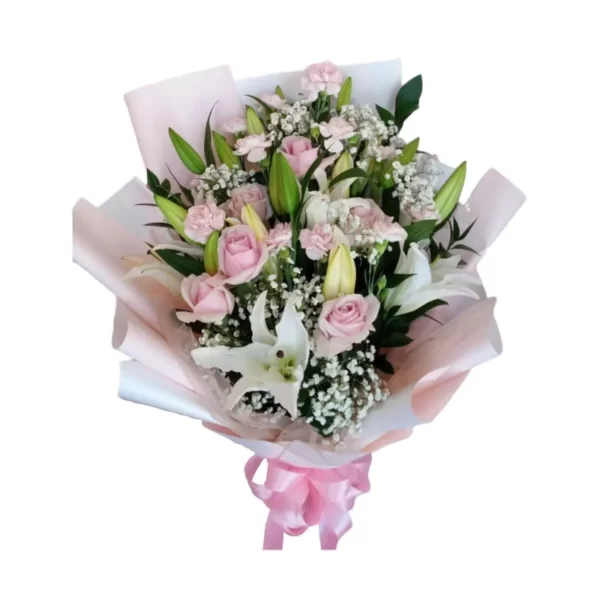 pink roses and white lilies boquet