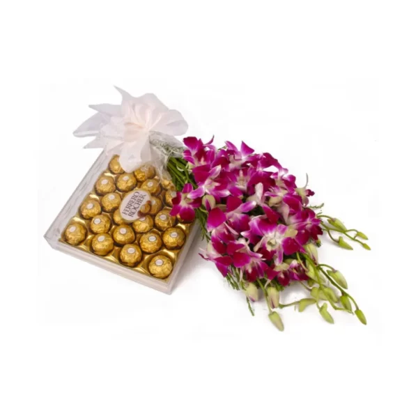 purple orchid bouquet and 24 pcs ferrero rocher chocolate