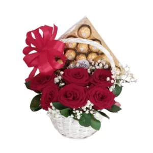 red roses and ferrero rocher chocolate in a basket