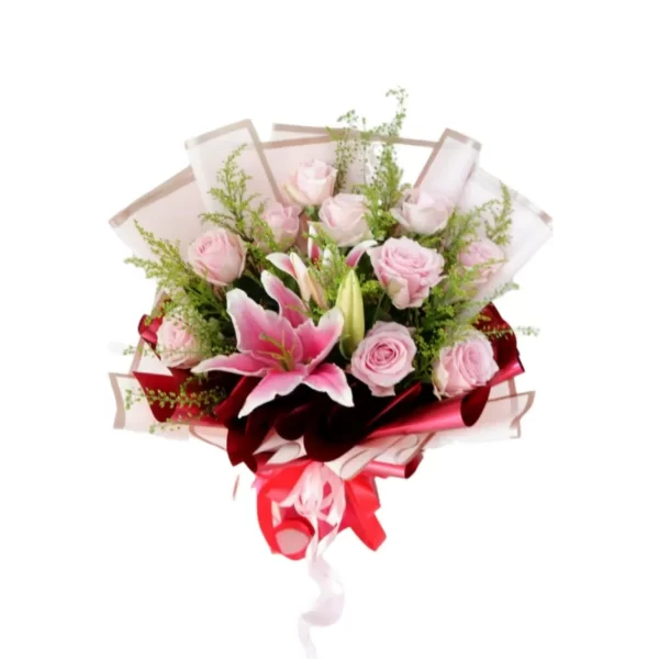 pink roses and lilies bouquet