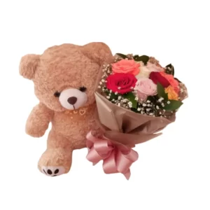 roses bouquet and teddy bear