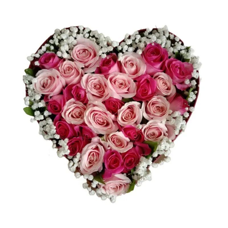 pink roses in a heart-shaped box