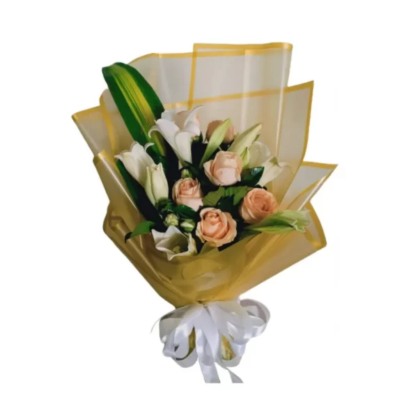 peach roses and white lilies bouquet